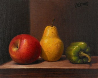 Red Yellow Green_ Original Oil Painting in Wood Frame_ Apple Pear Pepper_ Still life