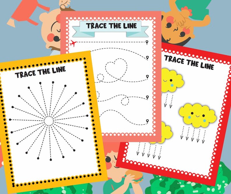 May include: Three colorful educational worksheets with the text "TRACE THE LINE". The worksheets feature dotted lines for tracing, including a starburst, a heart, and a cloud with raindrops. Each worksheet has a decorative border.