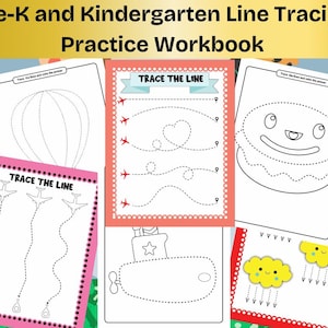 May include: A children's workbook for Pre-K and Kindergarten with line tracing exercises. The pages include dotted lines for tracing shapes such as airplanes, clouds, and a submarine. The cover displays the text "Pre-K and Kindergarten Line Tracing Practice Workbook".