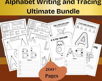 May include: A collection of alphabet writing and tracing worksheets. The worksheets feature letters, words, and simple math problems. The bundle includes over 200 pages of educational content. The text on the image reads "Alphabet Writing and Tracing Ultimate Bundle" and "200+ Pages."
