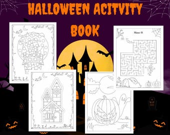 May include: A Halloween activity book with various black and white illustrations. The cover reads "Halloween Activity Book" in orange letters. Inside are images of a haunted house, a maze, a jack-o'-lantern, and a ghost.