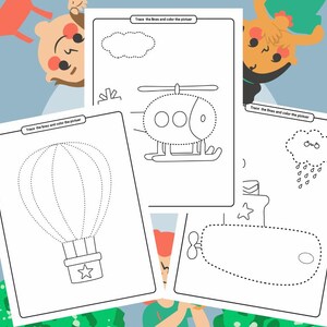 May include: Three white activity sheets for children with dotted lines to trace and color. The sheets feature a cloud, helicopter, hot air balloon, and submarine. Text at the top of each sheet reads "Trace the lines and color the picture".