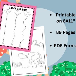 May include: Two printable activity sheets with tracing lines and the text "TRACE THE LINE". One sheet features airplanes, the other a key, butterfly, and flower. The text indicates the printable is on 8x11" paper, 89 pages, and in PDF format.