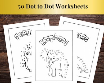 May include: A set of 50 black and white dot-to-dot worksheets featuring animal illustrations. The worksheets include a penguin, an elephant, and a whale.