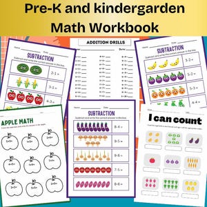 May include: A set of printable worksheets for preschool and kindergarten students featuring colorful illustrations of fruits and vegetables. The worksheets include addition and subtraction problems with a focus on counting and number recognition. The worksheets are titled "Addition Drills", "Subtraction", "Apple Math", and "I Can Count".