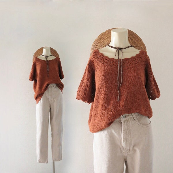 terra cotta cotton knit - l - vintage womens size large 90s y2k brown rust orange lace shirt blouse short sleeve