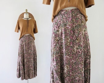 botanical button maxi skirt - 27-28 - vintage 90s y2k mauve floral foliage long rayon soft skirt cute cottage cottagecore