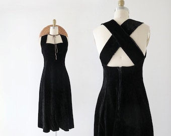 velvet criss cross back dress - xs - vintage 90s y2k sleeveless extra small little black flutter dress