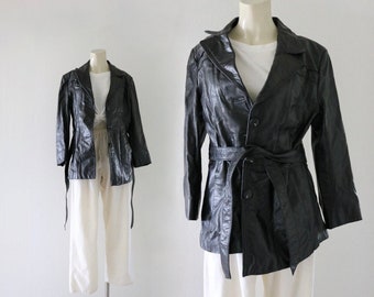 70's black leather belted jacket - l