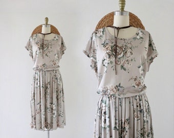 imperfect muted floral dress - l - vintage 70s spring botanical womens size large casual comfortable cute dress