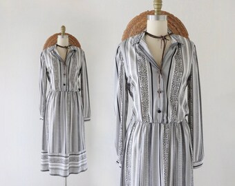 70s shirt dress - m - vintage 1970s black white pattern long sleeve boho hippie geometric dress size medium 8 10 midi