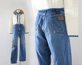 destroyed wrangler jeans - 34 - vintage 90s y2k western cowgirl cowboy blue jean denim size large womens jeans
