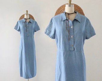 gridwork denim dress - m - vintage 90s blue jean womens size medium long maxi short sleeve ankle dress