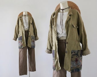 olive linen + tapestry jacket - m - vintage 90s womens green light lightweight long sleeve spring summer size medium minimal jacket