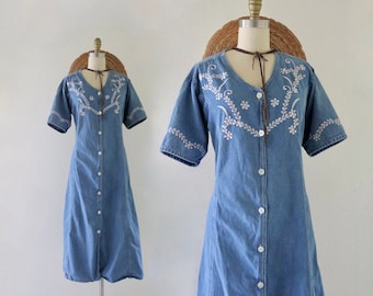 embroidered denim dress - l