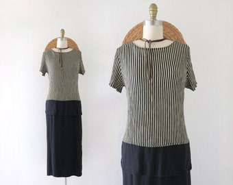 stripe double layer dress - m - womens vintage 90s y2k black striped long size medium maxi dress short sleeve minimal