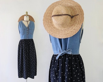 tie back denim + rayon dress - s - vintage 90s y2k blue jean size small sleeveless cute cottage casual comfortable midi dress