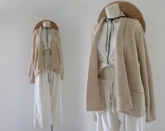 beige boucle cardigan - m - vintage 80s 90s brown womens size medium minimal sweater