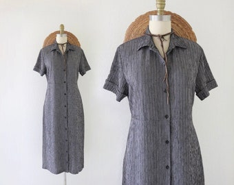 micro grid dress - m - vintage 90s y2k black white check plaid button tie back size medium minimal short sleeve spring summer dress