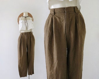 olive linen trousers - 25 - vintage 90s y2k eco minimal sustainable womens pleat pleated front minimal spring summer green pants