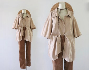 oversized linen top - vintage 90s y2k womens beige tan brown button short sleeve minimal casual simple loose linen shirt blouse