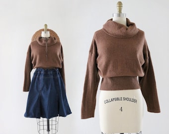 walnut wool crop sweater - m - womens vintage 90s mohair size medium turtleneck brown long sleeve cropped sweater