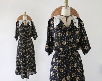 botanical chiffon dress - m - vintage black dark floral 90s y2k size medium long spring summer dress