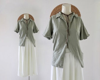 raw silk top - xs - vintage 90s y2k light green fern sage womens extra small short sleeve button front shirt blouse