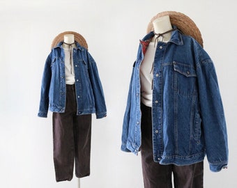 flannel lined denim jacket - vintage 90s y2k blue jean womens light lightweight coat casual