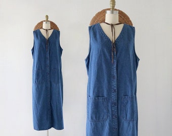 button front denim dress - l - vintage 90s y2k womens long maxi blue jean size large sleeveless sprint summer sun dress