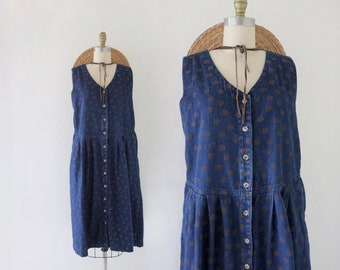 denim jumper dress - m - vintage blue jean floral cute cottage cottagecore size medium womens 90s y2k midi casual comfortable