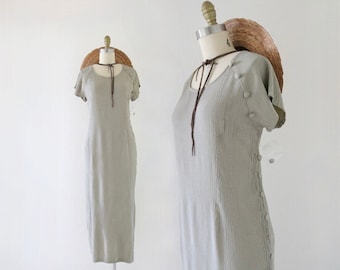 micro stripe maxi dress - m - vintage 90s y2k womens beige size medium button side minimal short sleeve spring summer dress