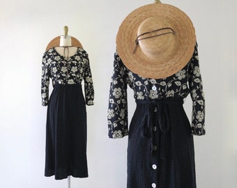 button + tie back dress - m - vintage 90s y2k black cream flowy rayon long cute floral flowery cottage minimal size medium dress spring