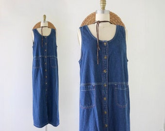 button front denim dress - m - vintage 90s y2k womens long maxi blue jean size medium sleeveless sprint summer sun dress