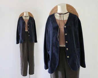 raw silk midnight crop jacket - m - vintage 90s y2k dark blue navy cropped womens size medium light spring summer jacket