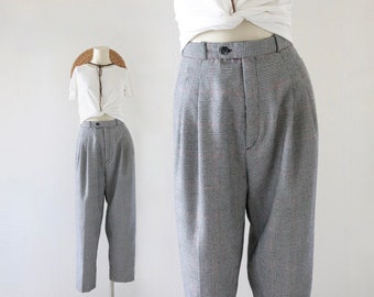 houndstooth plaid trousers - 26 - vintage 90s y2k high waist black white womens pleat front pants classic academia library prep
