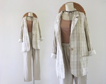 plaid linen jacket - womens vintage 90s y2k beige brown tan long sleeve light spring summer jacket shacket