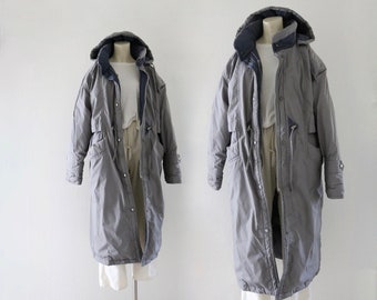 down puff coat - l - vintage 90s gray long warm hooded parka puffer