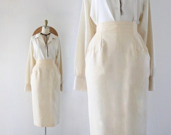 high waist wool skirt - 27 - vintage 90s ivory cream buttercream straight size small midi womens skirt with pockets