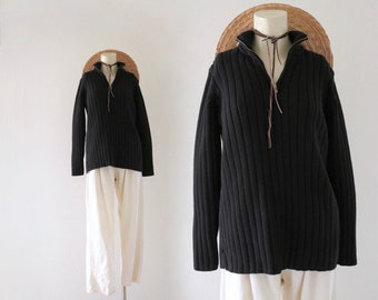 black zip front ribbed sweater - m - vintage y2k womens size medium Ralph Lauren turtleneck mocneck pullover top