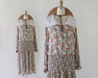 drop waist chiffon dress - xl - vintage 90s y2k womens floral cottage cottagecore cute spring summer long sleeve collar long dress