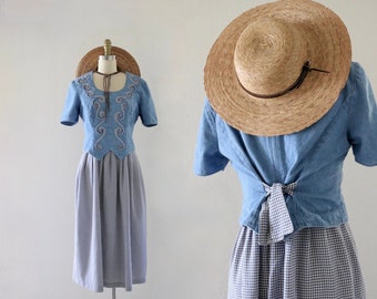 denim + gingham tie back dress - m