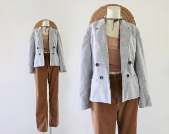 linen jacket - s - vintage 90s y2k light gray womens size small library academia blazer classic minimal