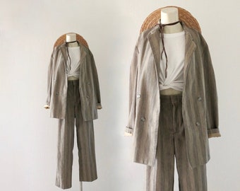 2 pc stripe jacket + trouser set - 27.5 - vintage 90s womens minimal suit size small blazer high waist