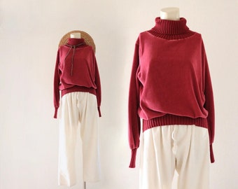 70s cherry velour turtleneck sweatshirt -  m - vintage 70s 80s red velvet cropped womens sweatshirt shirt top