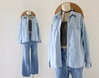 chambray button top - m - womens vintage 90s y2k blue jean denim size medium spring summer shacket jacket cotton