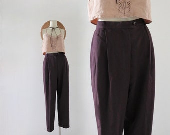 plum wool trousers - 26 - vintage 90s y2k usa womens size 4 dark purple solid high waist pleat front lined pants