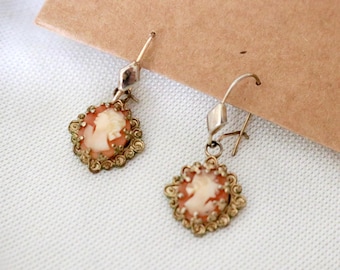 golden shell cameo dangle earrings