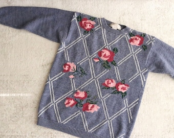 ramie botanical sweater - s - vintage womens 90s y2k blue floral cottage cottagecore pullover cute sweater