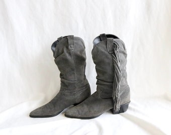 gray suede fringe boots 7.5